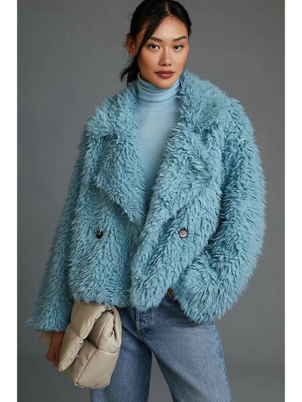 Anthropologie Shag Faux Fur Jacket in Blue Size Small Oversized Cozy Statement